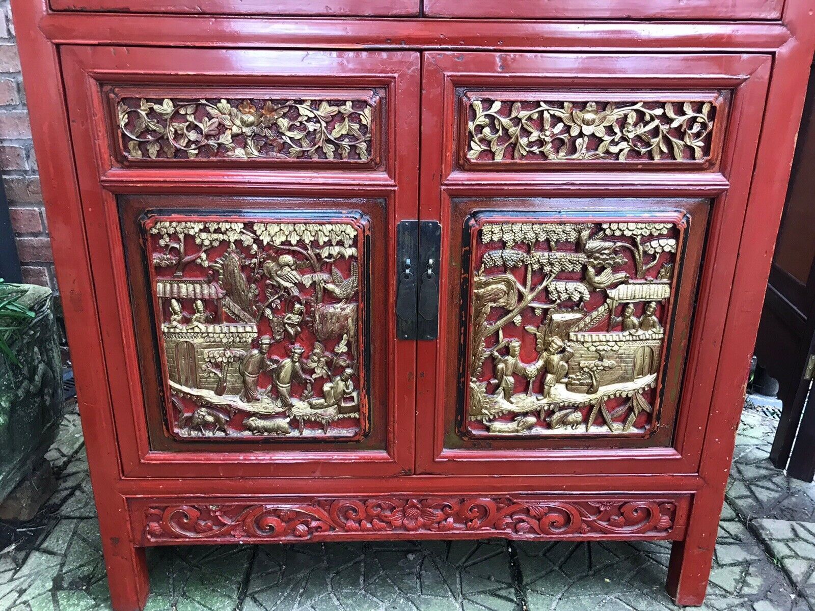 Rare Imperial Red Lacquer & Gilt Marriage Cabinet With Hand Carved Panels photo vintage