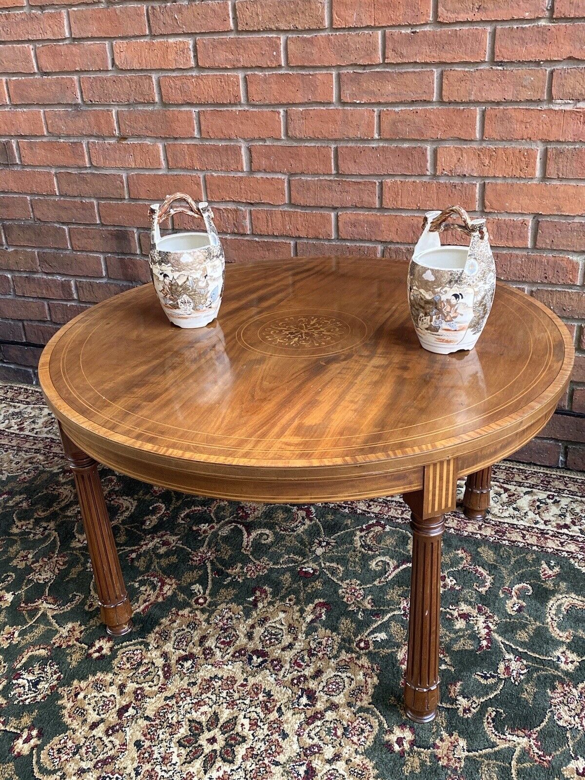photo furniture French Red Walnut Period Louis XVI Style Marquetry Inlaid Pillared Centre Table