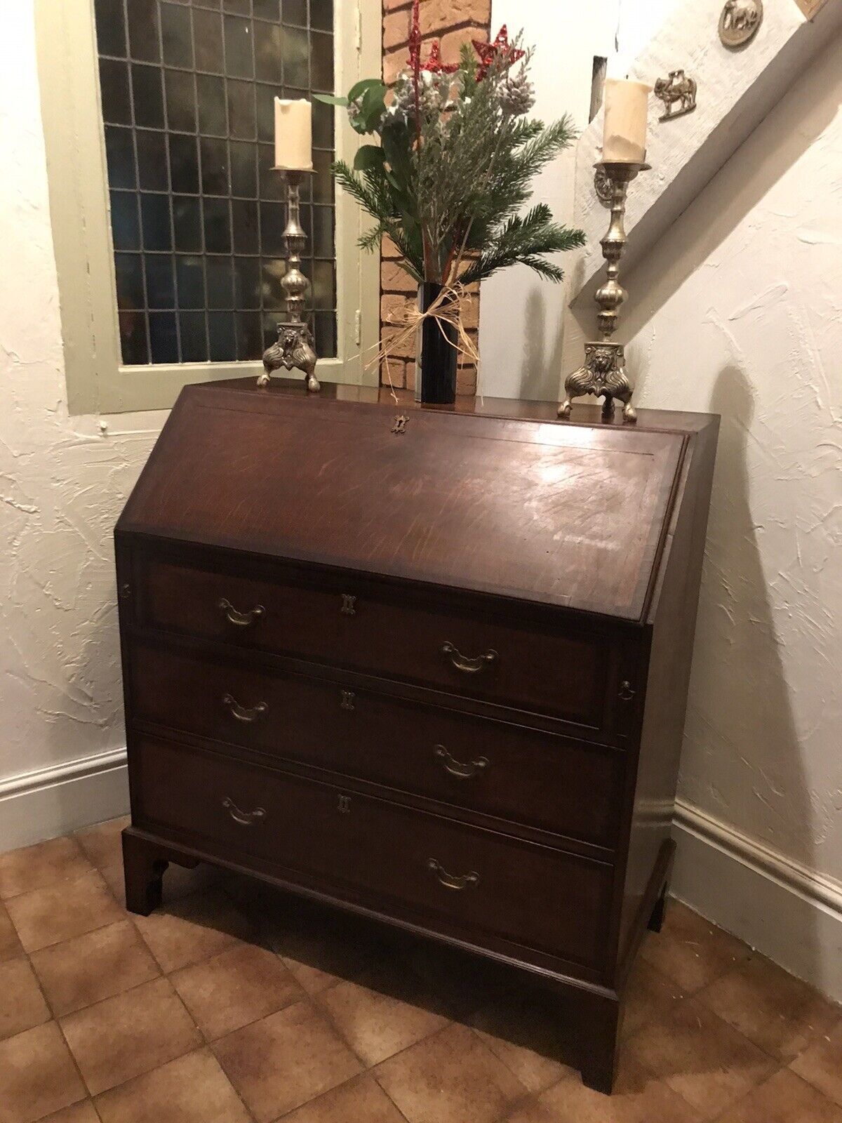Period Antique 18th Century Solid Oak & Mahogany Cross Banded Writing Bureaux