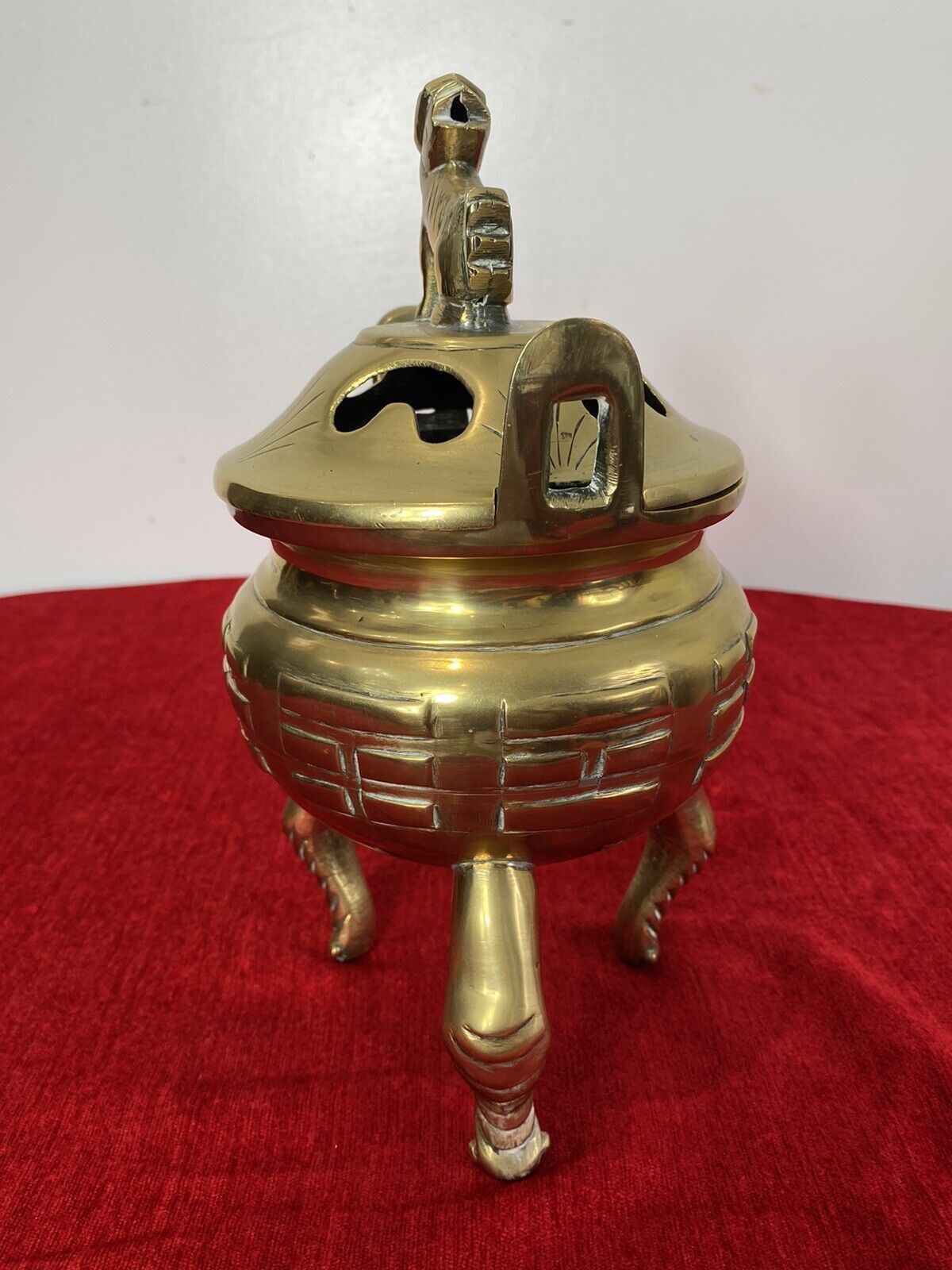 Chinese Qing Style 19th Century Brass Bulbous Incense Burner With Foo Dog Lid photo furniture