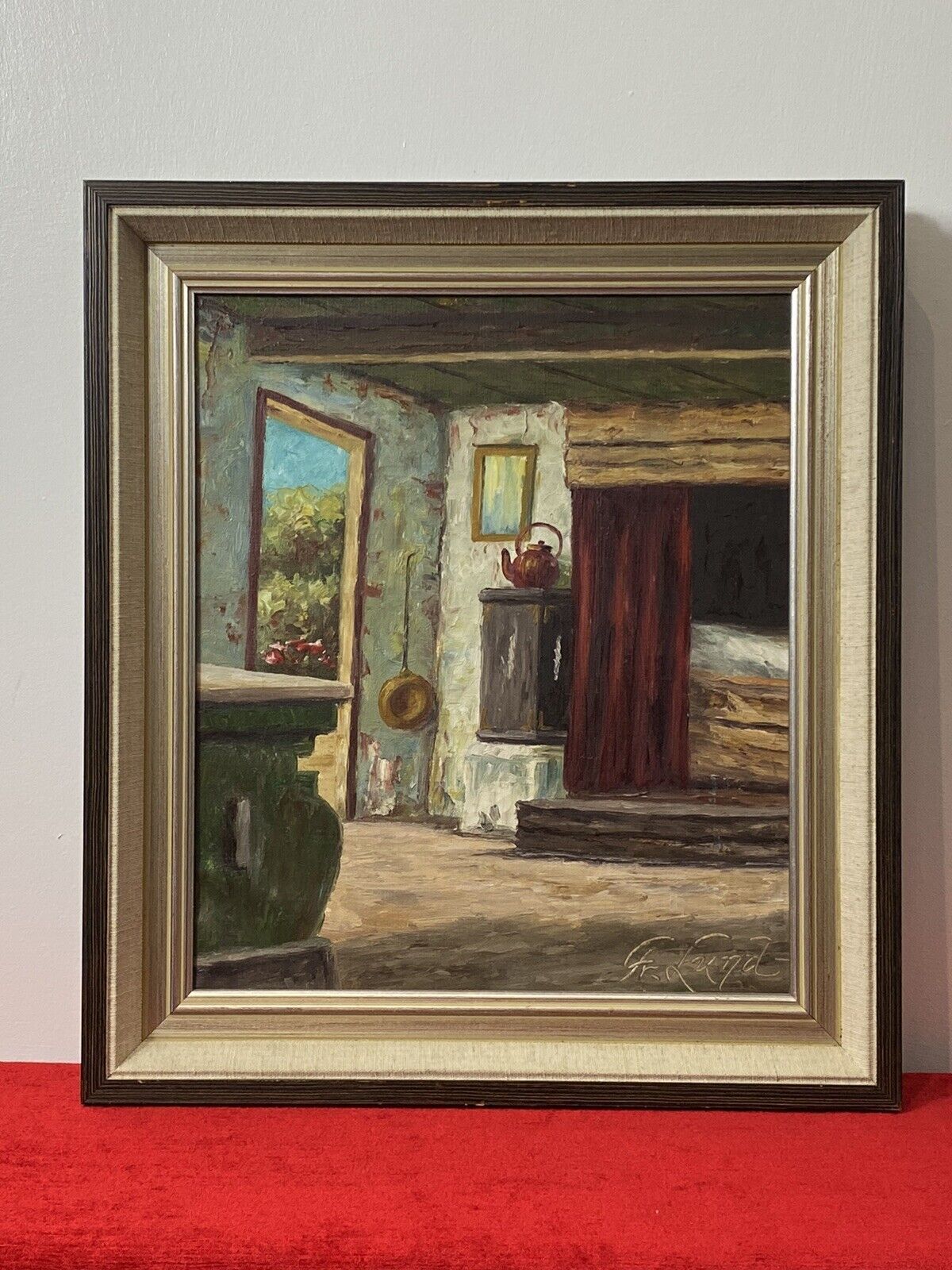 Idyllic Cottage Interior Scene Oil Painting By Artist G Lund