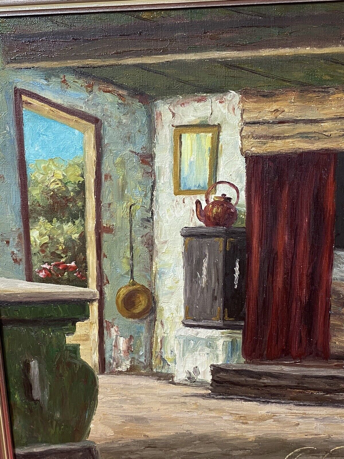 photo for sale Idyllic Cottage Interior Scene Oil Painting By Artist G Lund