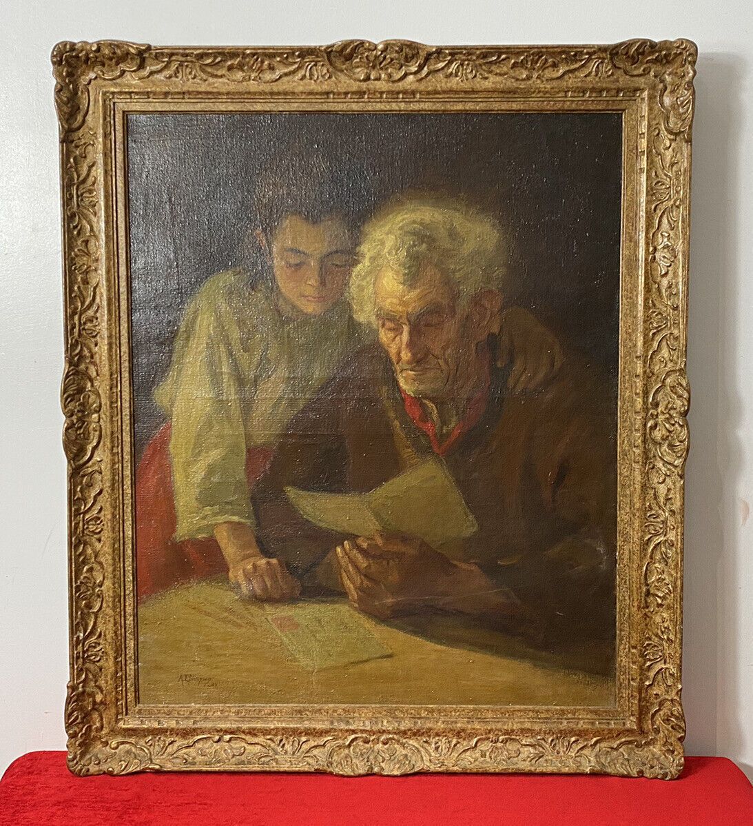 Double Portrait Of Grandfather & Grand Daughter Reading By A L Simpson