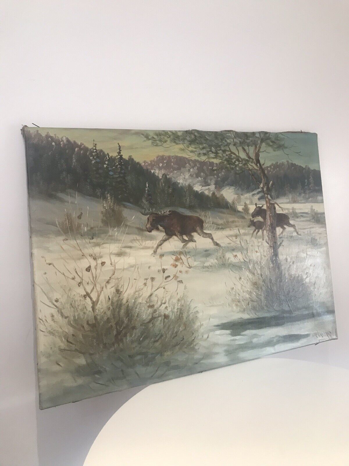 Stags In Snow Scene Original Oil Painting Signed By Artist S Warner photo buy