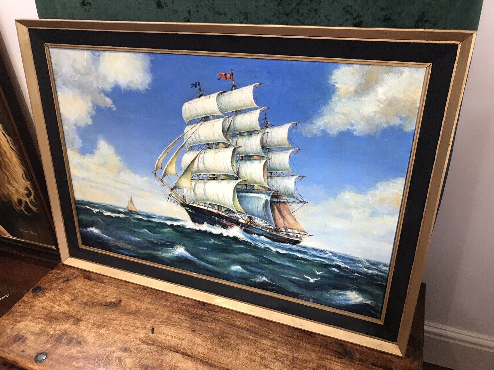 Oil On Canvas Marine Gallion Ship In Full Sail Sails Past Small Yacht photo for sale