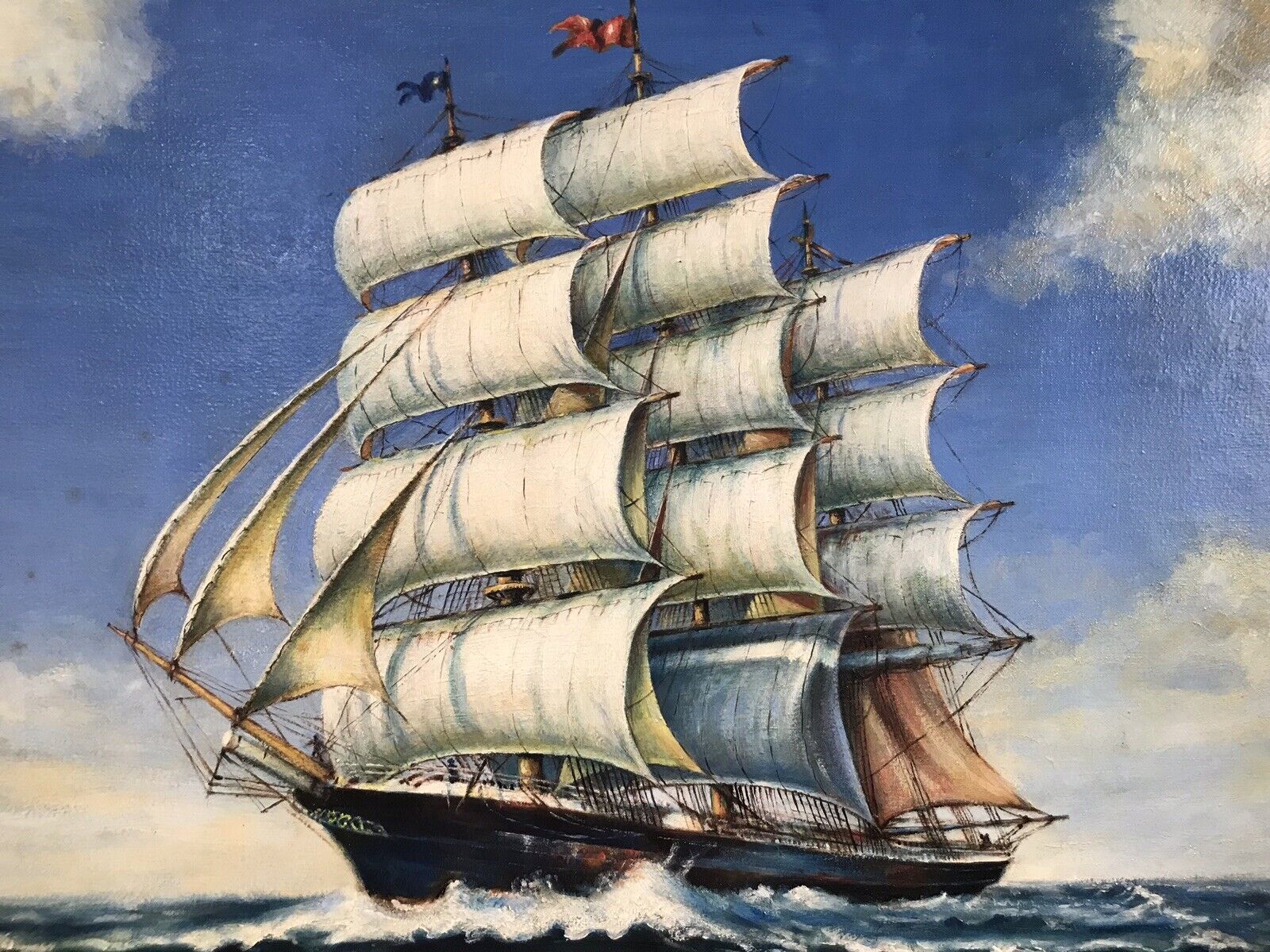 Oil On Canvas Marine Gallion Ship In Full Sail Sails Past Small Yacht photo vinterior