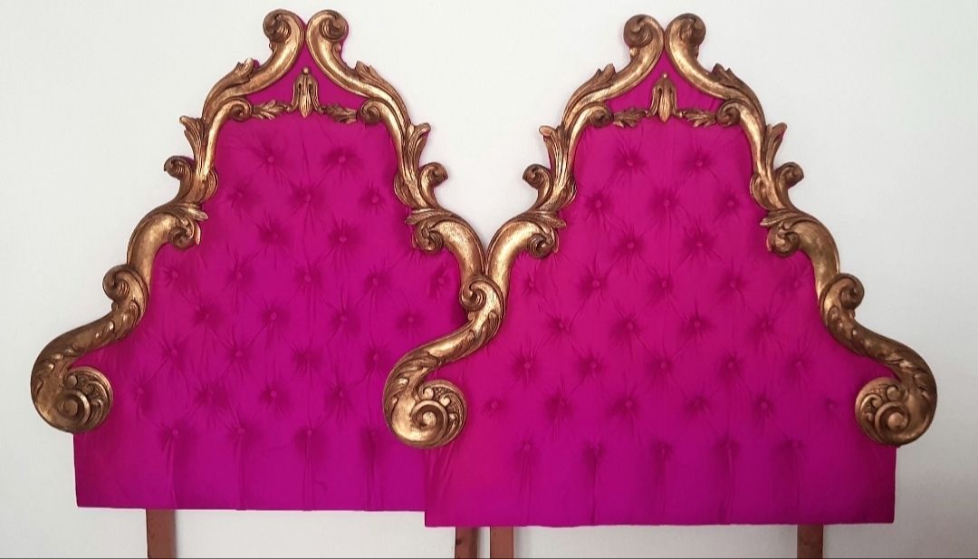 A Pair Of Antique French Giltwood Padded Headboards, Louis XV, Baroque Headboard.
