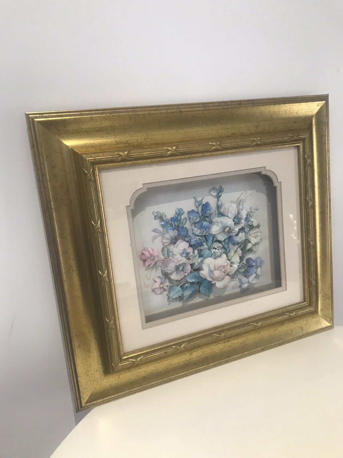 Fine Pair Crystal Porcelain Flower Ansamble Sculptures In Ornate Guilt Frames photo vinterior