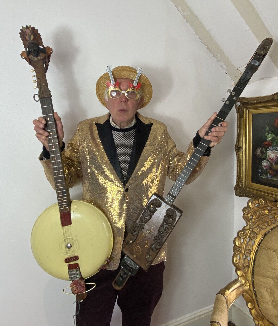 Novelty Collection Of 5 English Country Pop Art Banjo & Lute Style Instruments photo furniture
