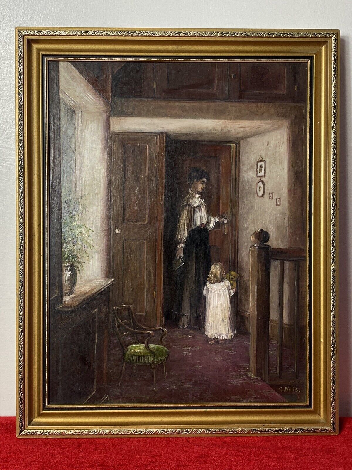 Victorian Oil Painting Of Mother And Daughter In Interior Scene Signed C Willis photo furniture