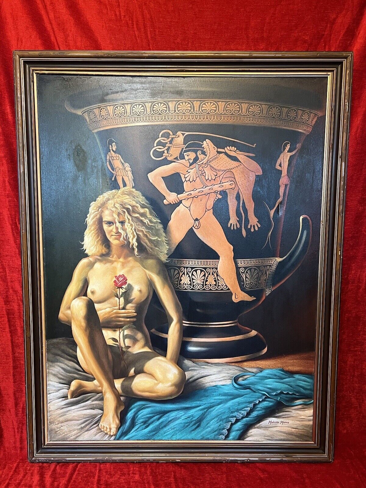 Large Malcolm Morris Oil Painting Female Muse With Monumental Sacrificial Urn