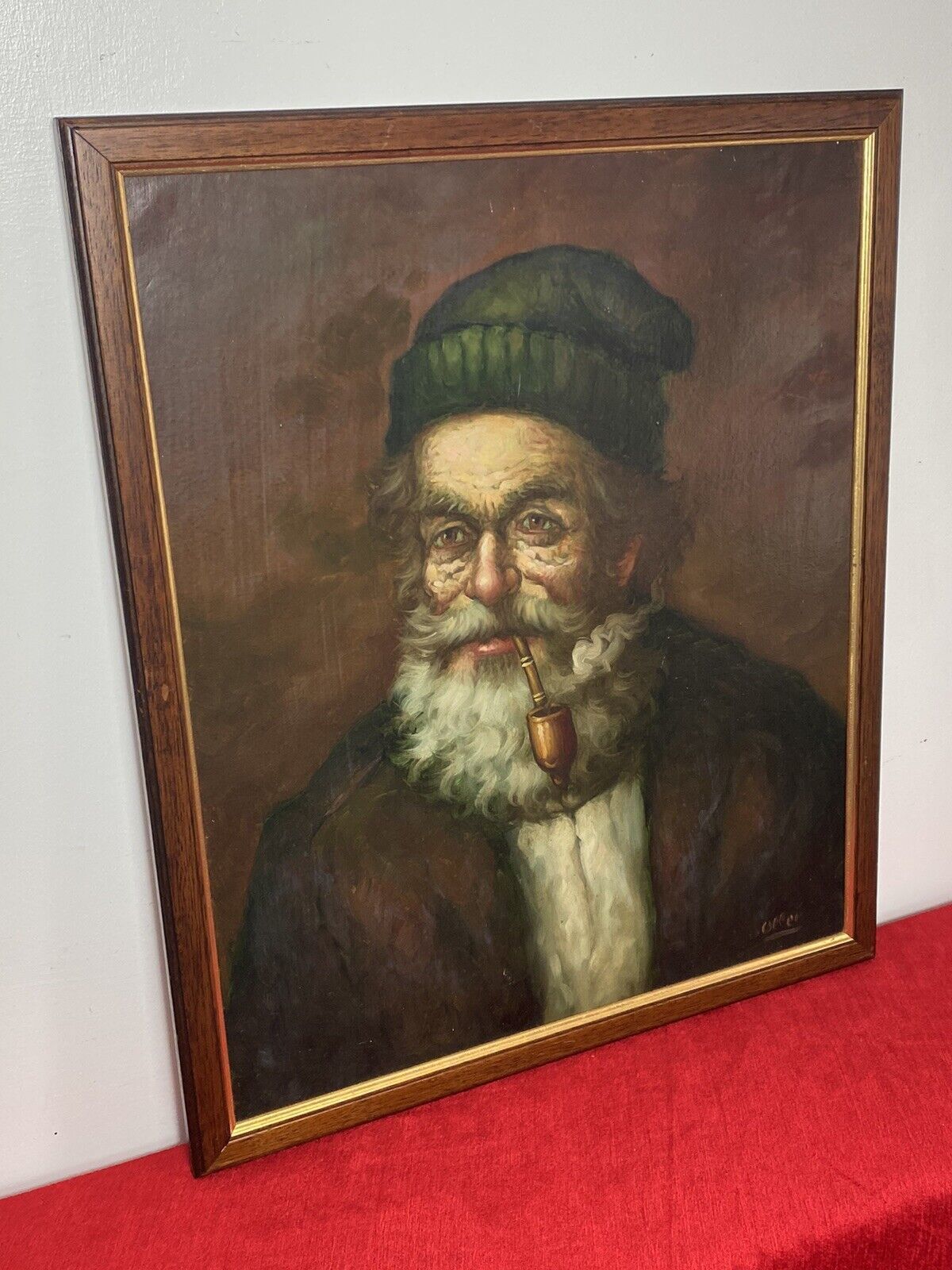 Original Portrait Old Gentleman Smoking A Pipe By Artist Jose Olles Of Barcelona photo vintage