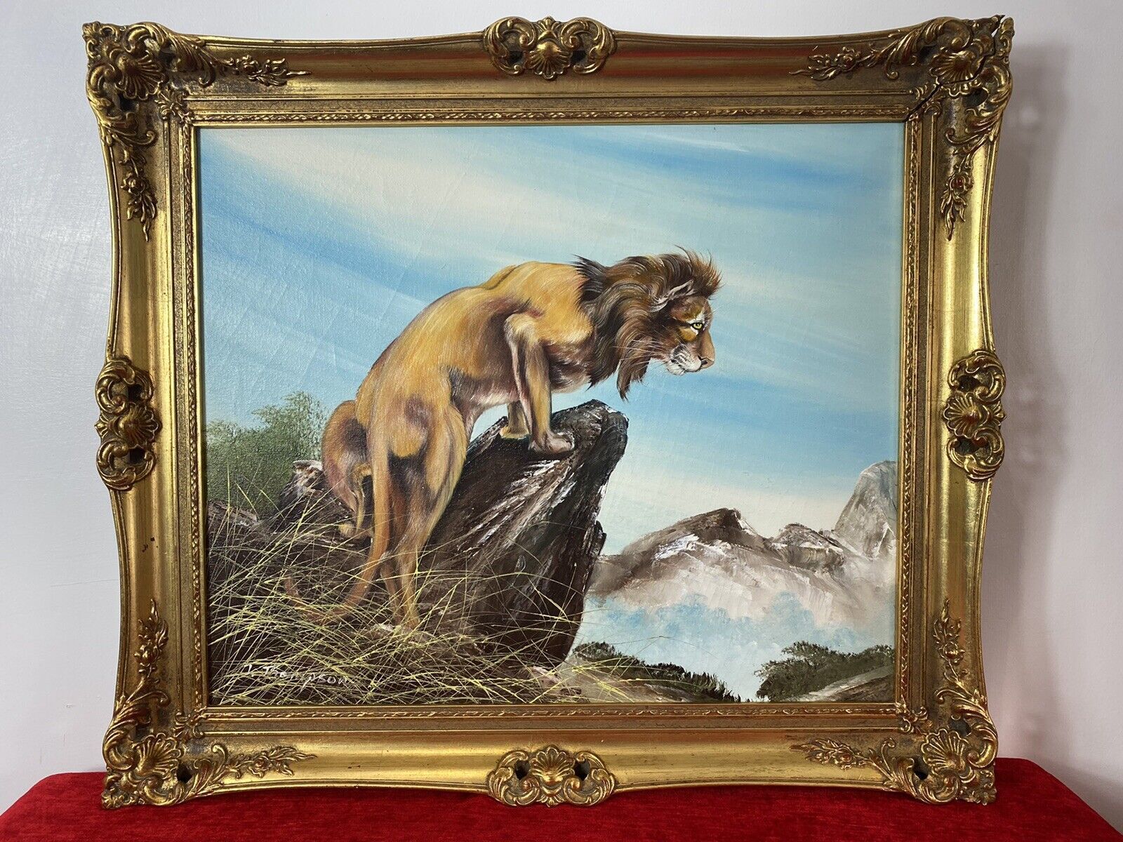 20th Century Lion Oil Artwork 'Leader Of The Pride' Signed J Thompson photo furniture