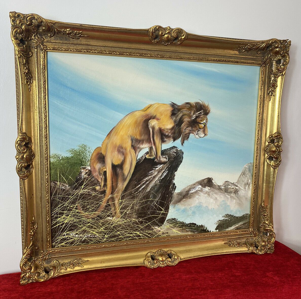 20th Century Lion Oil Artwork 'Leader Of The Pride' Signed J Thompson photo vintage