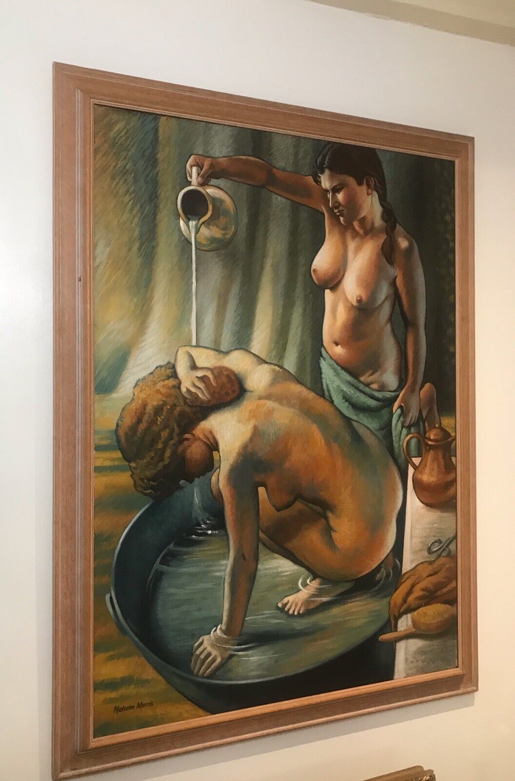 Fine Art 20th Century Bathtime With Two Nubile Ladies Oil Painting Signed photo for sale