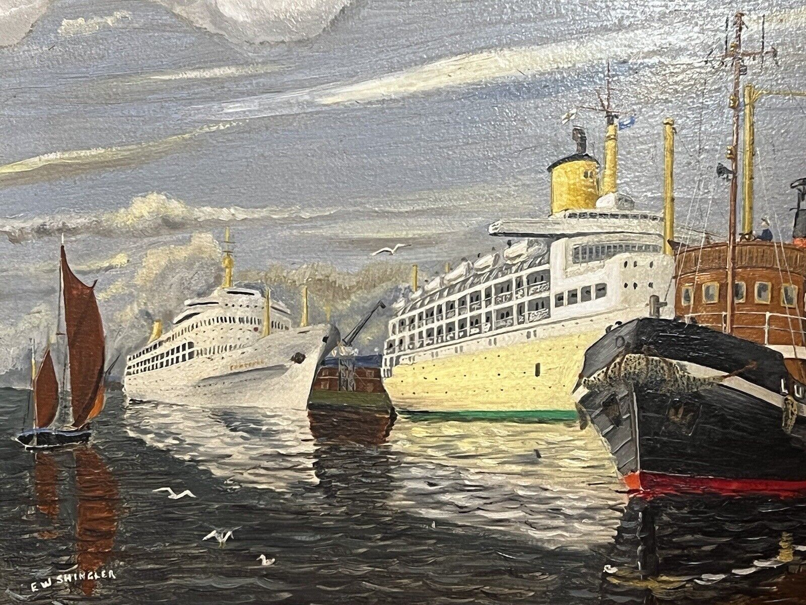 Fine 20th Century Maritime Port Of London Oil Painting By E W Shingler photo 1795.0