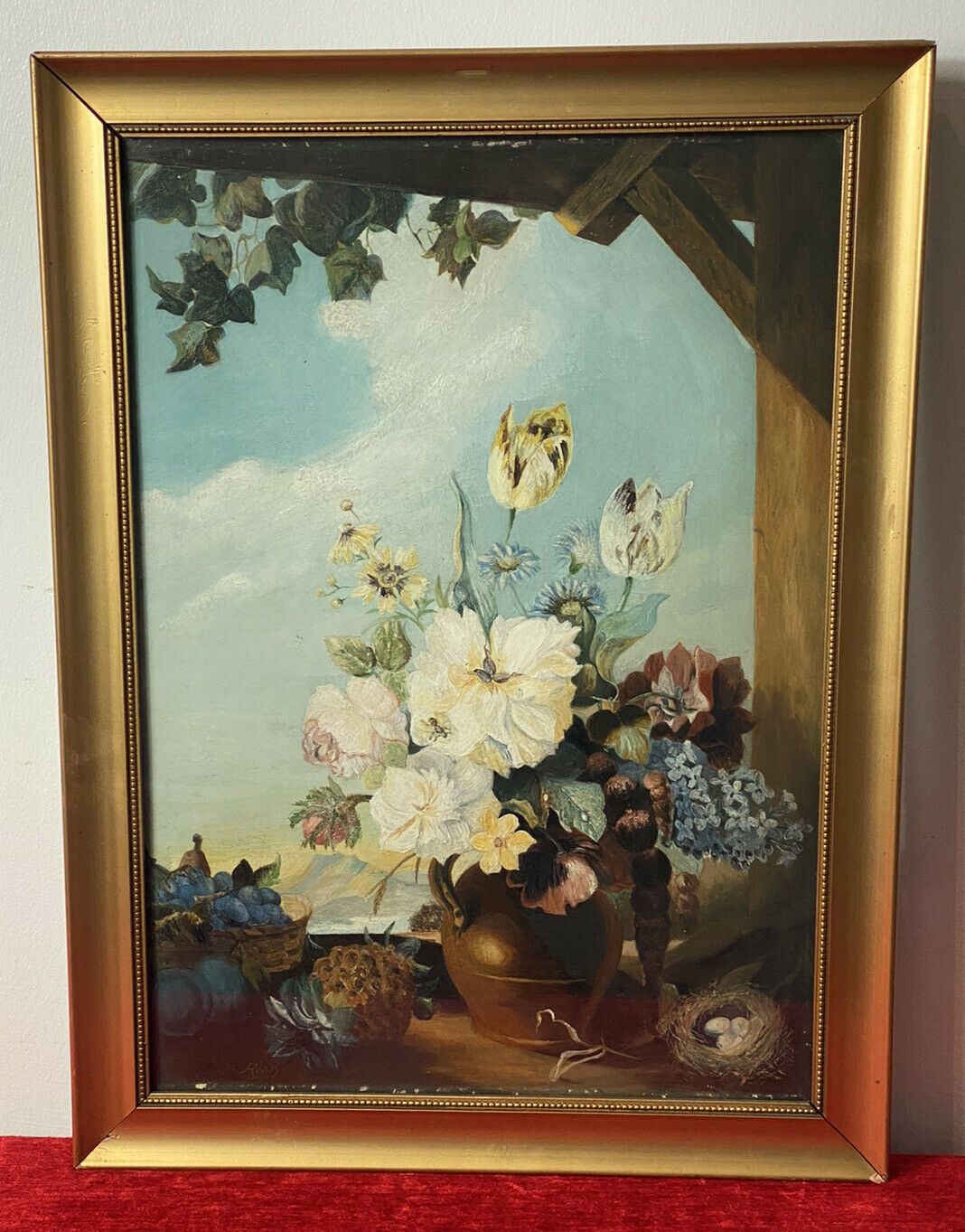 Original Still Life Artwork Oil Painting Of Fruit & Flowers By Artist A H D