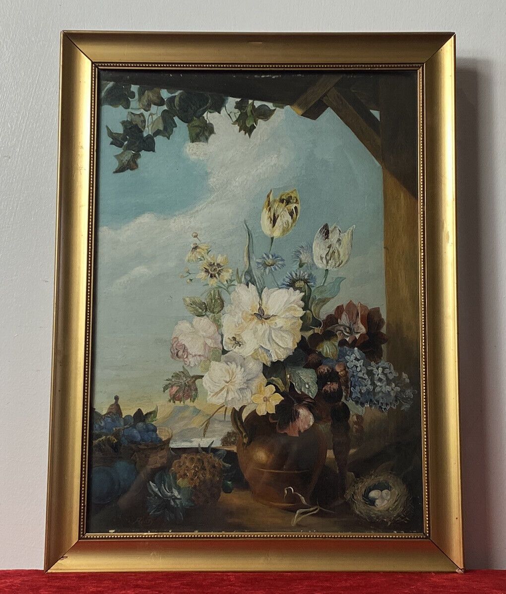 Original Still Life Artwork Oil Painting Of Fruit & Flowers By Artist A H D photo furniture