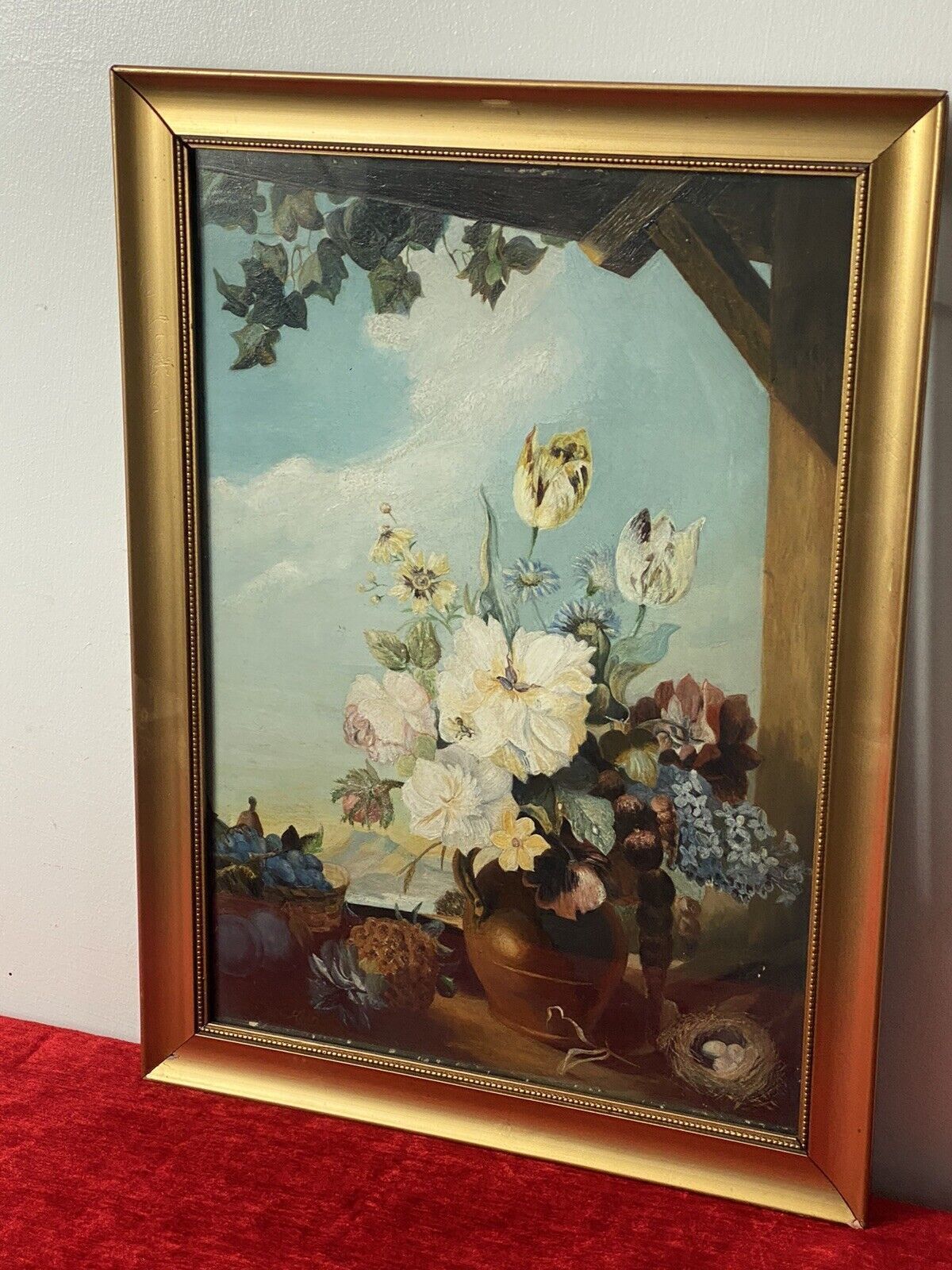 Original Still Life Artwork Oil Painting Of Fruit & Flowers By Artist A H D photo for sale