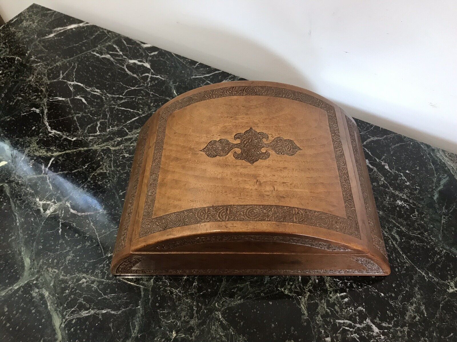 Ladies Boudoir Dome Shaped Oriental Carved Wood Jewellery Box photo for sale