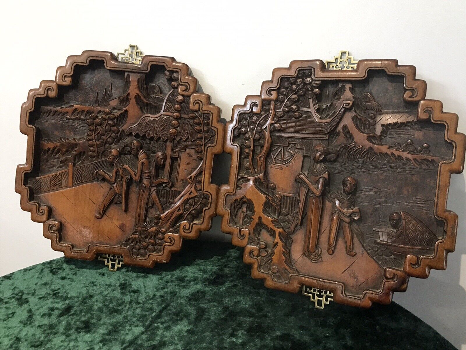 Fine Quality Pair Of Oriental Kang Si Style Hardwood Wall Plaques photo vintage