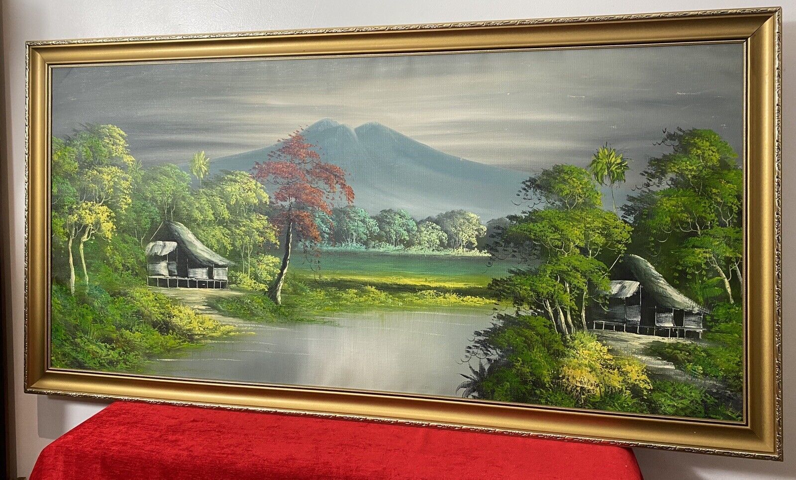 20th Century Indonesian Native Volcanic Settlement Landscape Oil Painting photo vintage