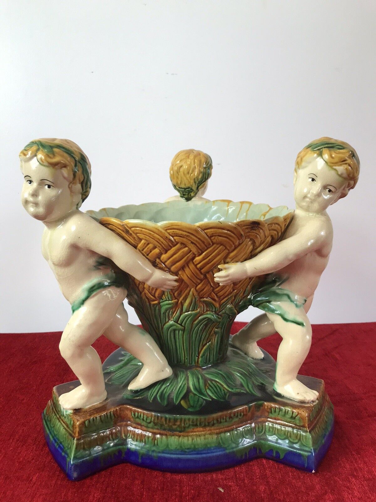 photo for sale Italian Majolica Trio Of Cherubs Centrepiece With Green And Yellow Overglaze