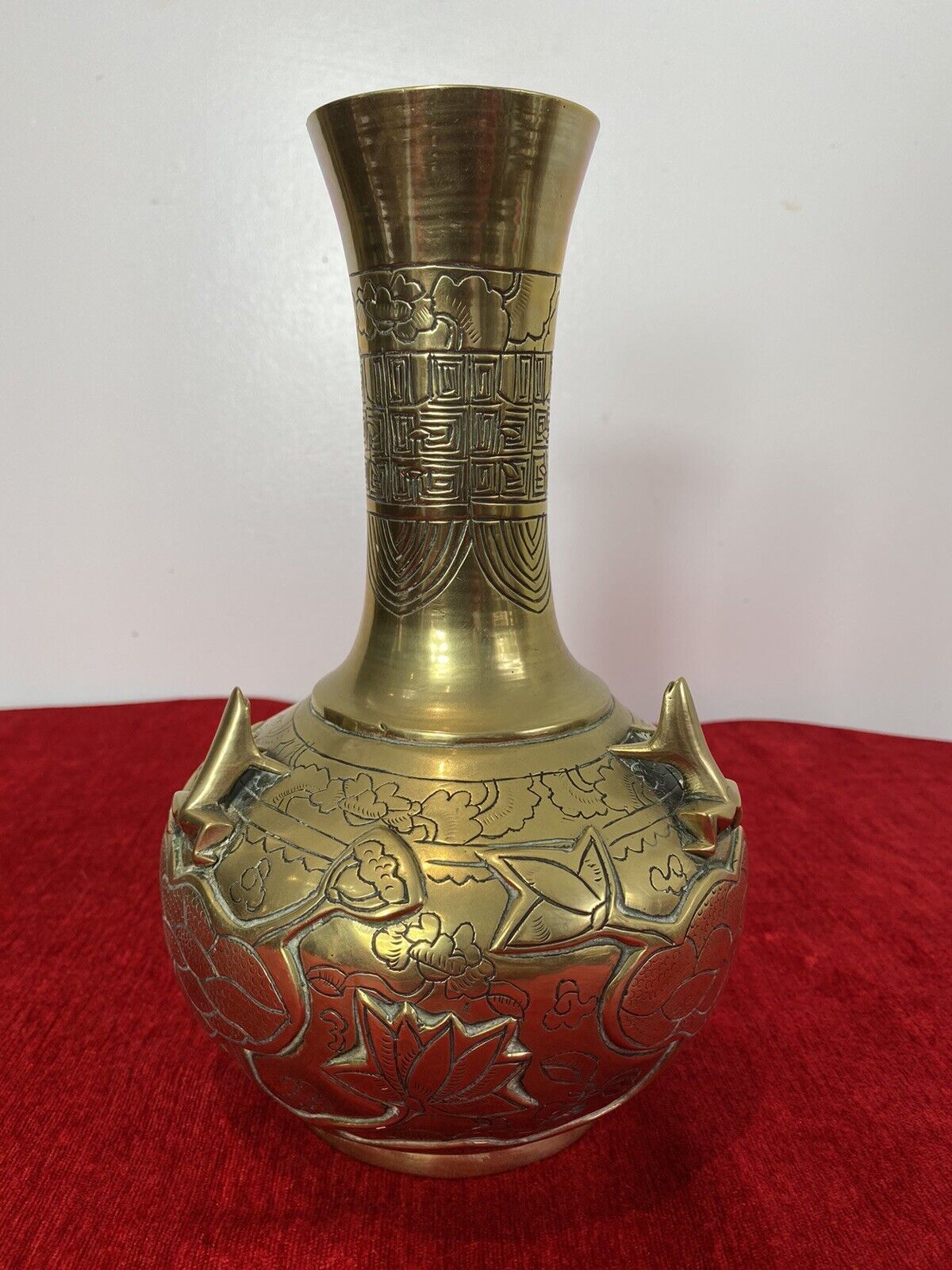 Ornate Chinese Brass Temple Vase With Frogs And Lotus Leaf Engraved Decoration photo for sale