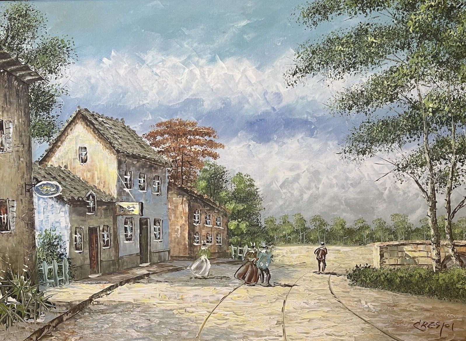 20th Century David Crespi 1928 1992 Mediterranian Village Scene Oil Painting photo furniture
