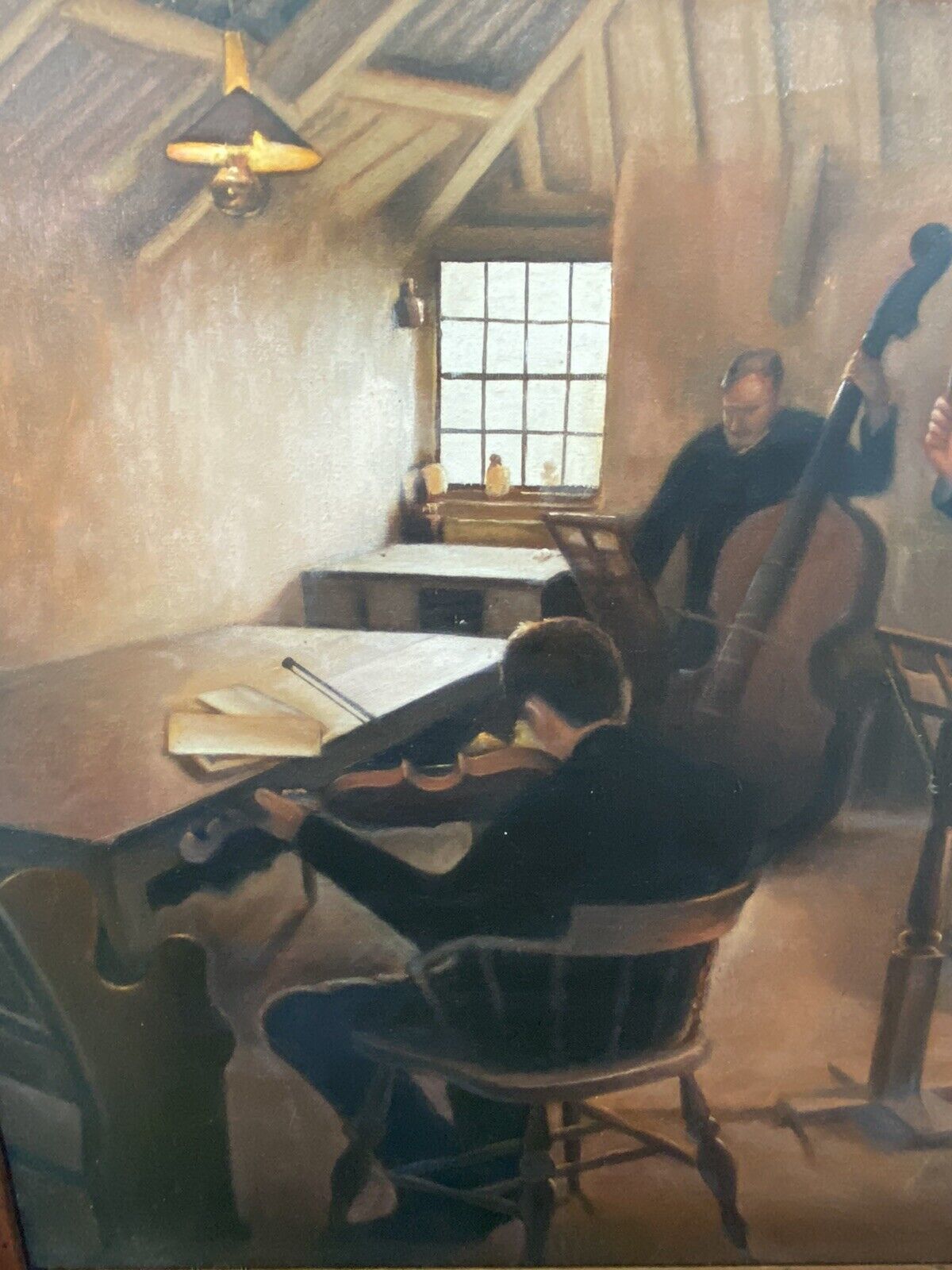 String Quartet Interior Scene Oil On Canvas Signed By Artist L Barnes photo vinterior