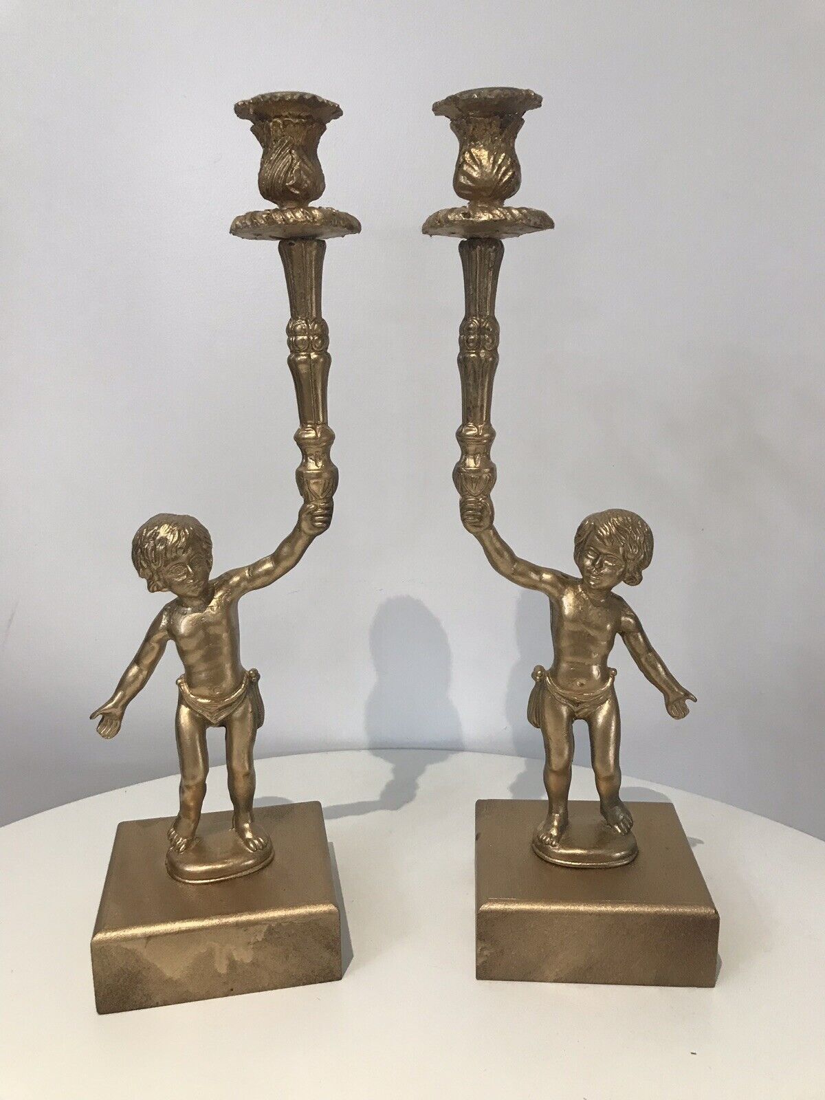 Stunning Pair Of Bronze Guilded Cherib Candelabras