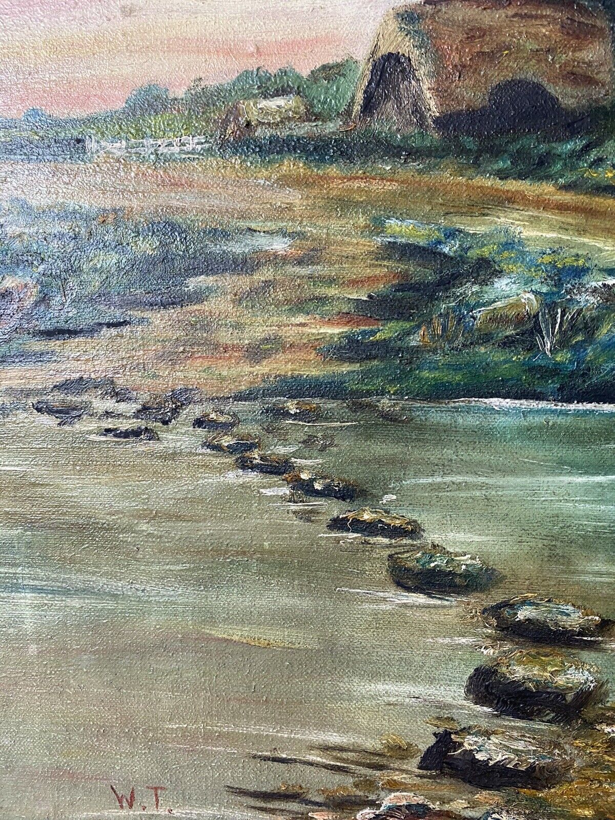 Original Oil Painting Of Thatch And River Crossing In Donegal Ireland Signed W.T photo vintage