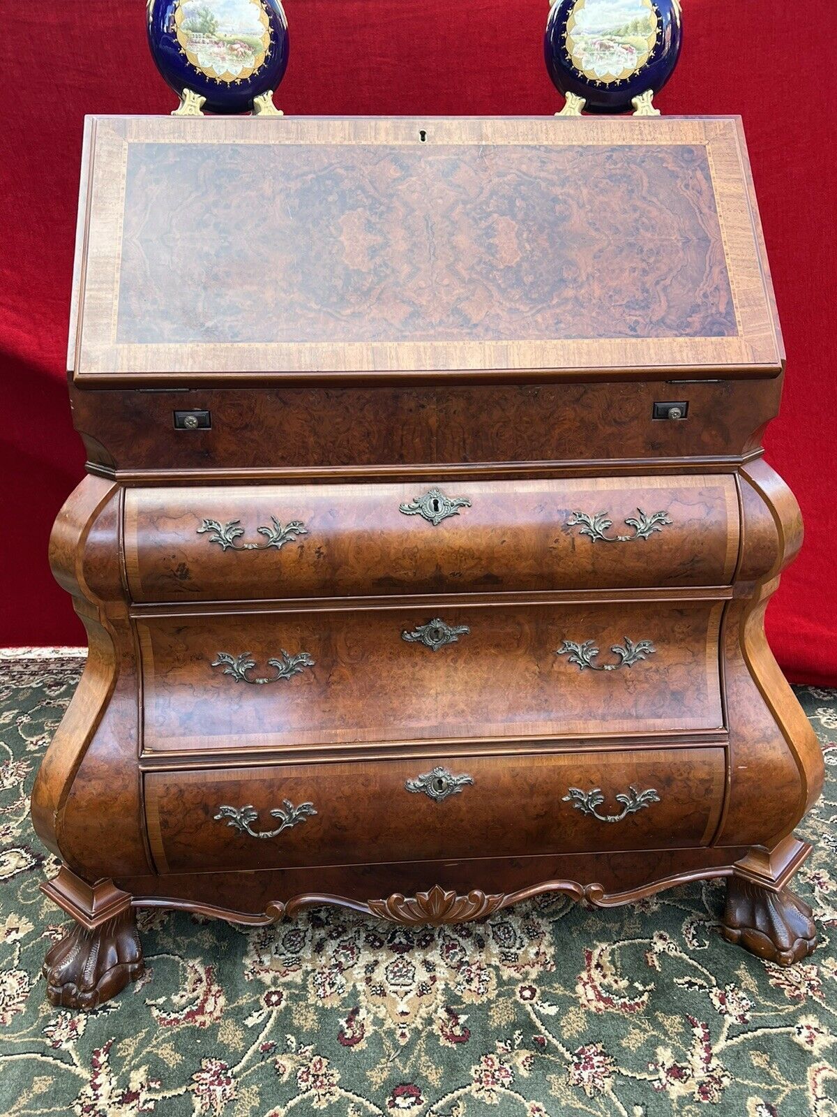 Fine Dutch Burl Walnut/Satinwood Inlay Bombe Writing Desk photo Furniture