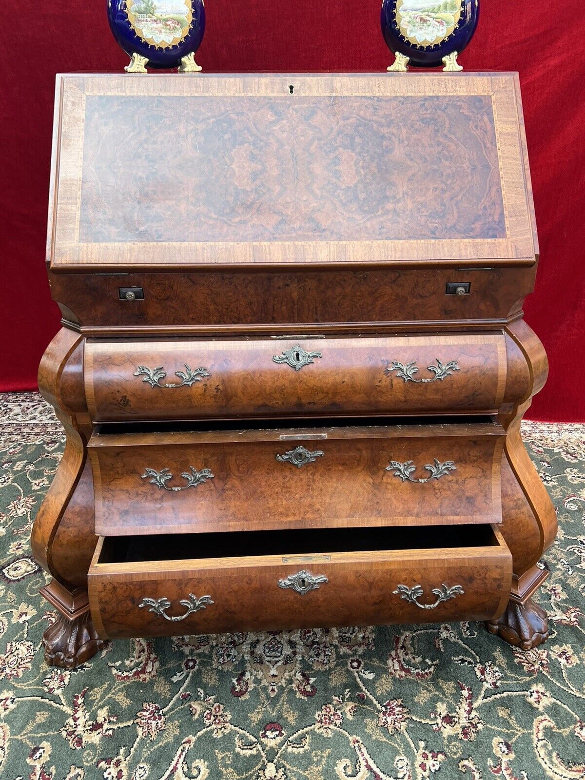 Fine Dutch Burl Walnut/Satinwood Inlay Bombe Writing Desk photo 1149.0