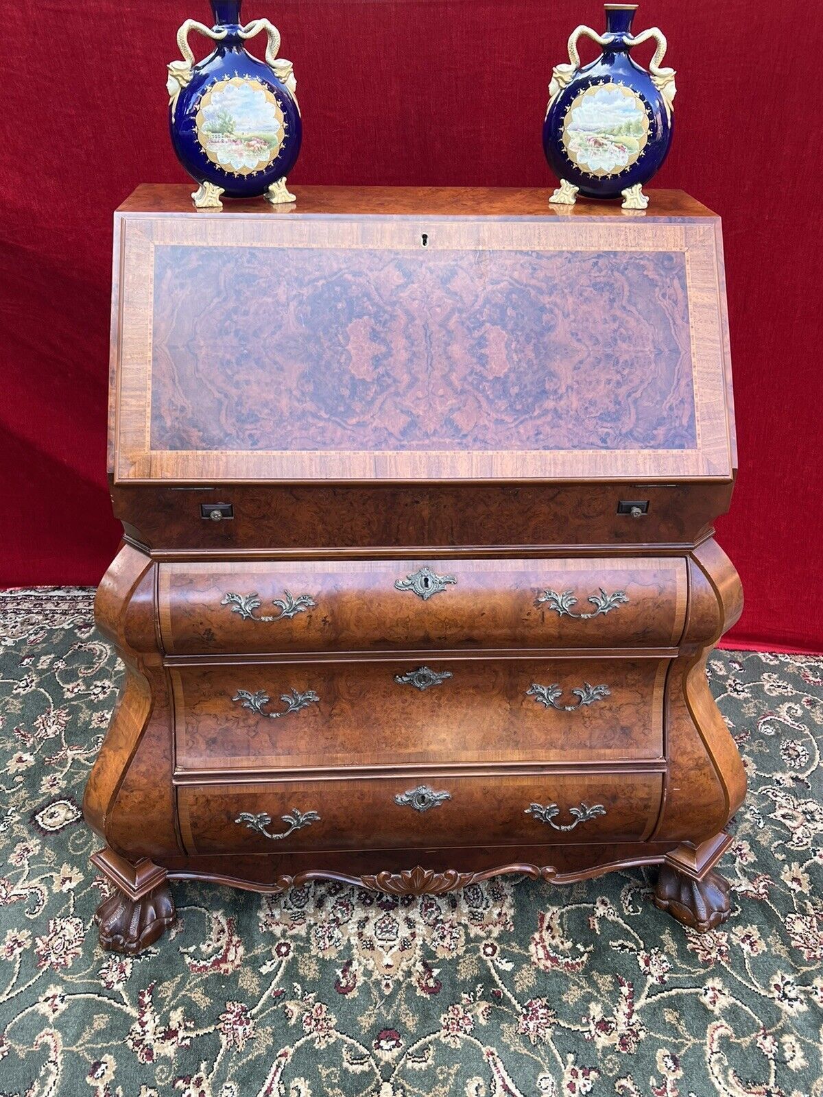 Fine Dutch Burl Walnut/Satinwood Inlay Bombe Writing Desk photo buy