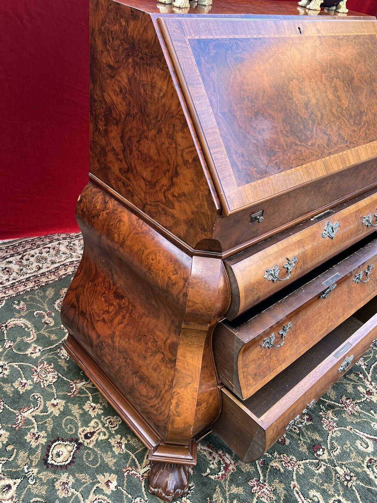 Fine Dutch Burl Walnut/Satinwood Inlay Bombe Writing Desk photo vintage