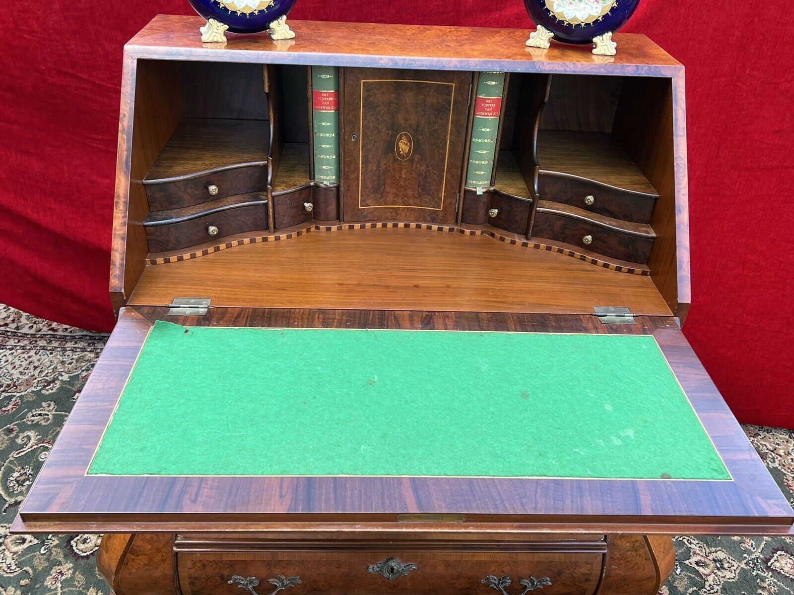 photo for sale Fine Dutch Burl Walnut/Satinwood Inlay Bombe Writing Desk