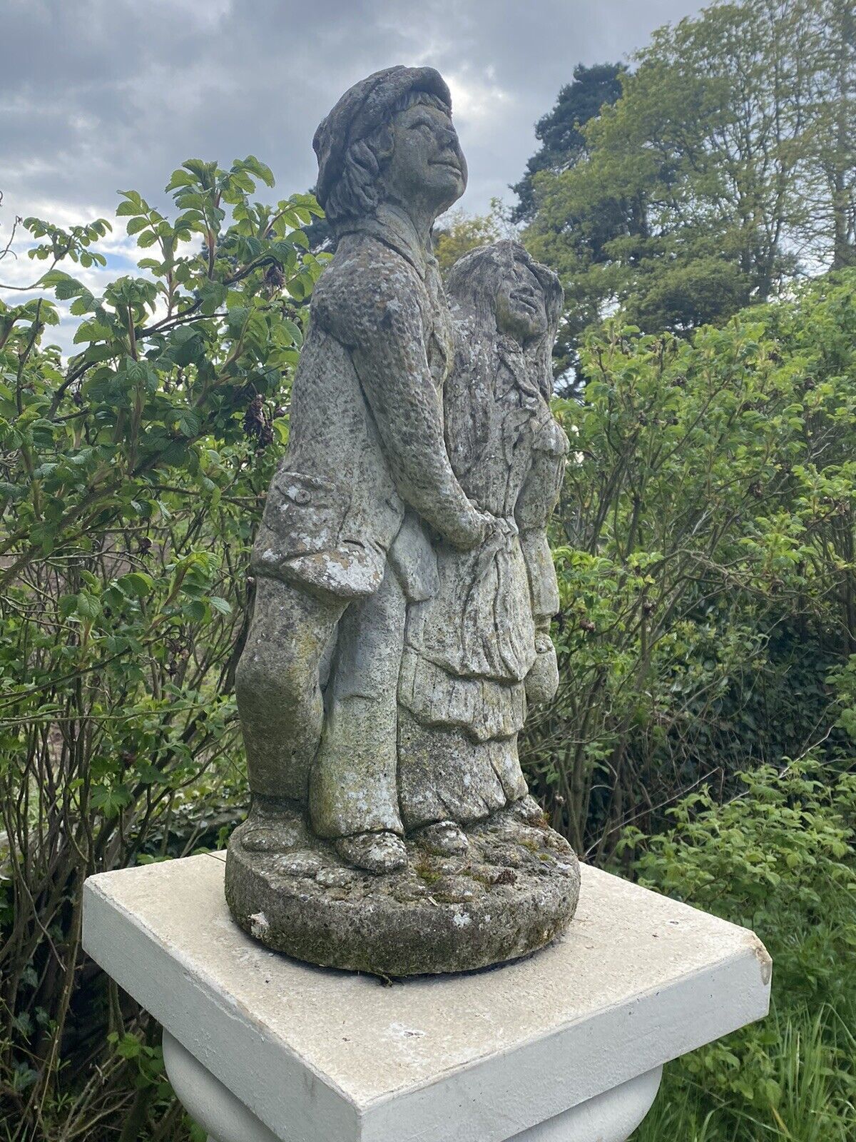 photo for sale Vintage Jolly Farmer And His Wife Embracing Garden Statue
