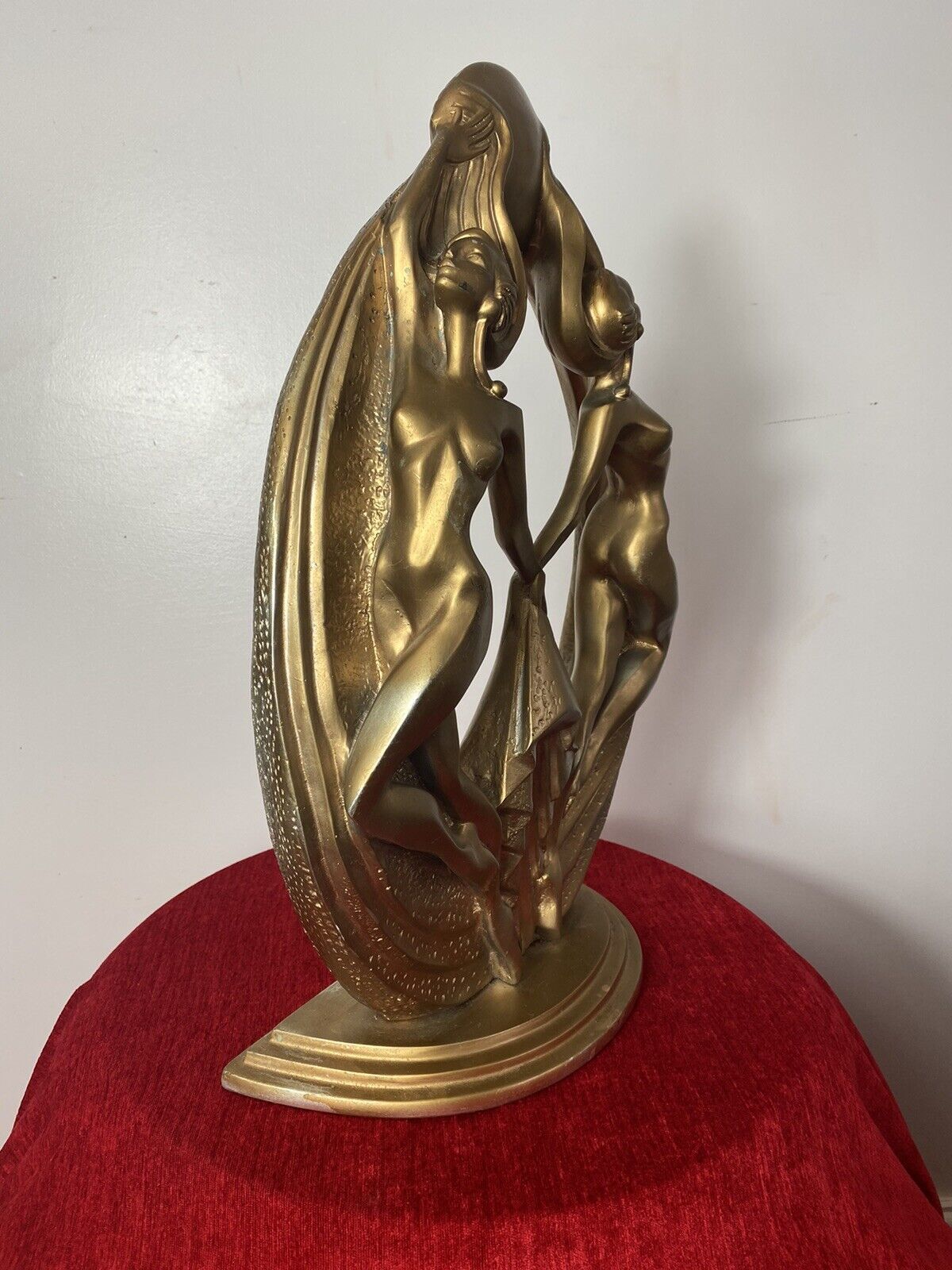 Rare French Empire 1930’s Art Deco Gilt Mascot Sculpture Of Two Nymphs photo for sale
