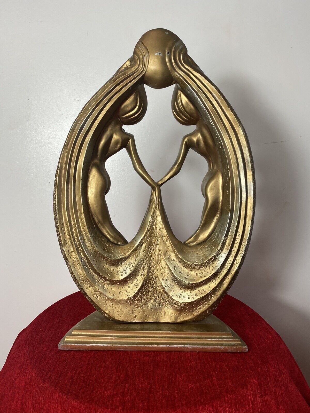 Rare French Empire 1930’s Art Deco Gilt Mascot Sculpture Of Two Nymphs photo vintage