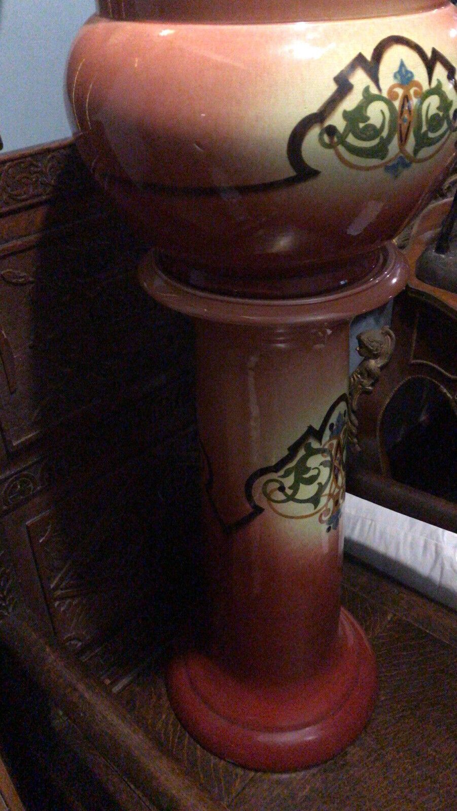 Moorcroft Style Edwardian Maroon Ombré Drip Glaze Floral Jardinière On Stand