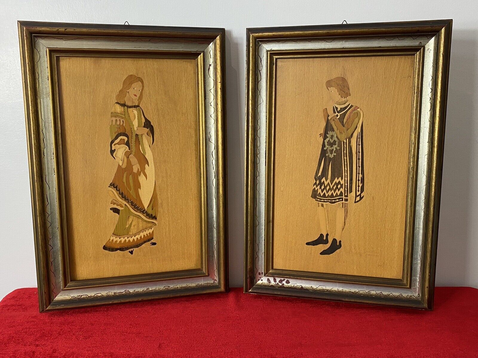 Pair Of Italian Early Medieval Noble Figures Marquetry Inlaid Plaques