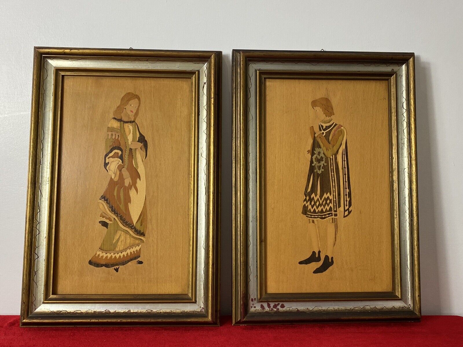 Pair Of Italian Early Medieval Noble Figures Marquetry Inlaid Plaques photo furniture