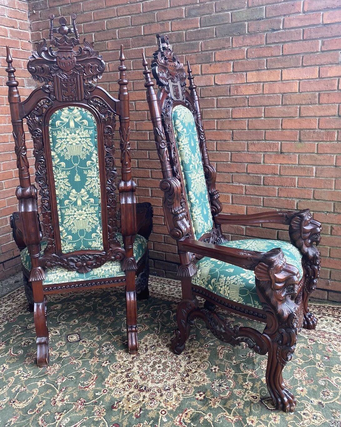 Fine Reproduction Pair Of Colonial Throne Seats With Lion Claw Feet photo Furniture