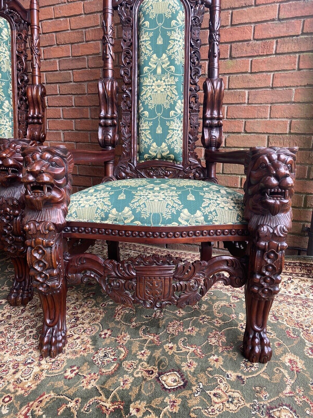 Fine Reproduction Pair Of Colonial Throne Seats With Lion Claw Feet photo buy