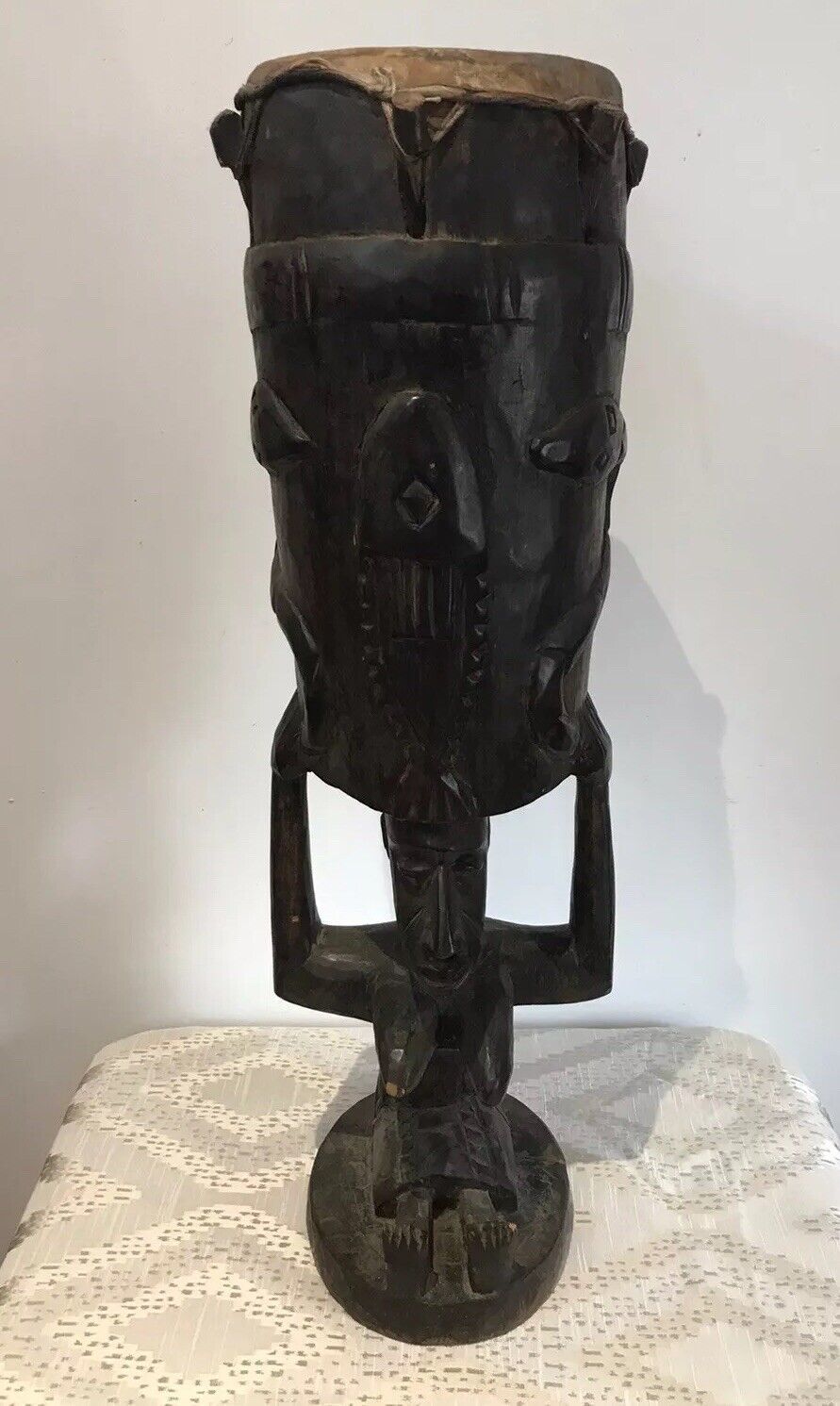 Rare Antique Carved Wood Drum Of African Tribal Woman With Tripod Table Stand photo for sale