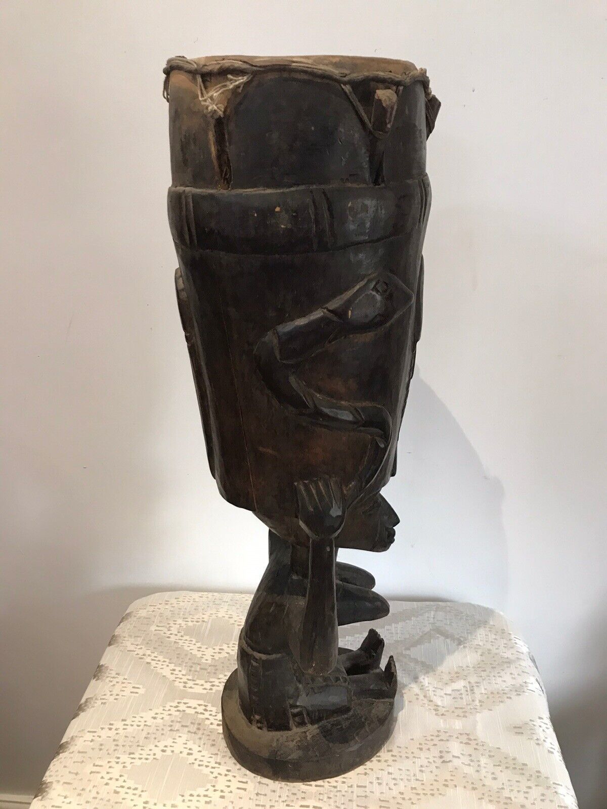 Home Decor Rare Antique Carved Wood Drum Of African Tribal Woman With Tripod Table Stand photo