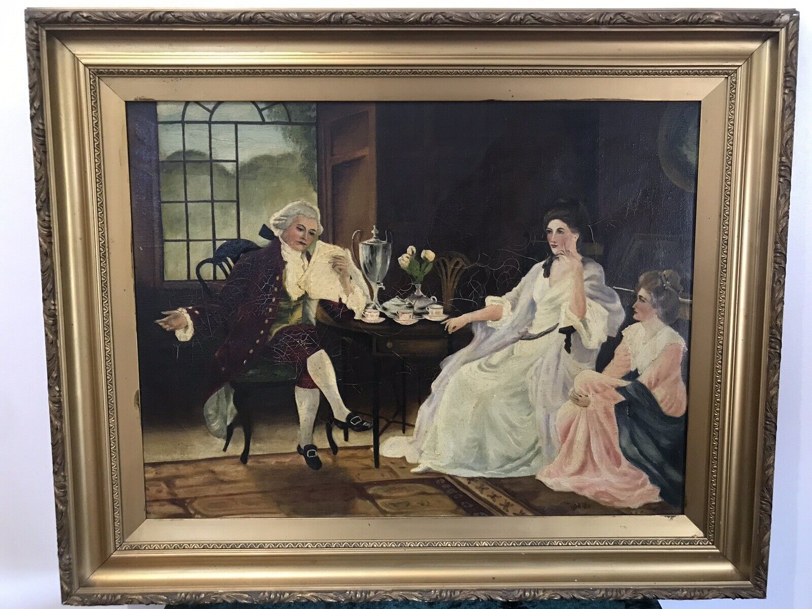 Antique French Oil Painting Figures In Chateau Interior True Conversation Piece photo furniture