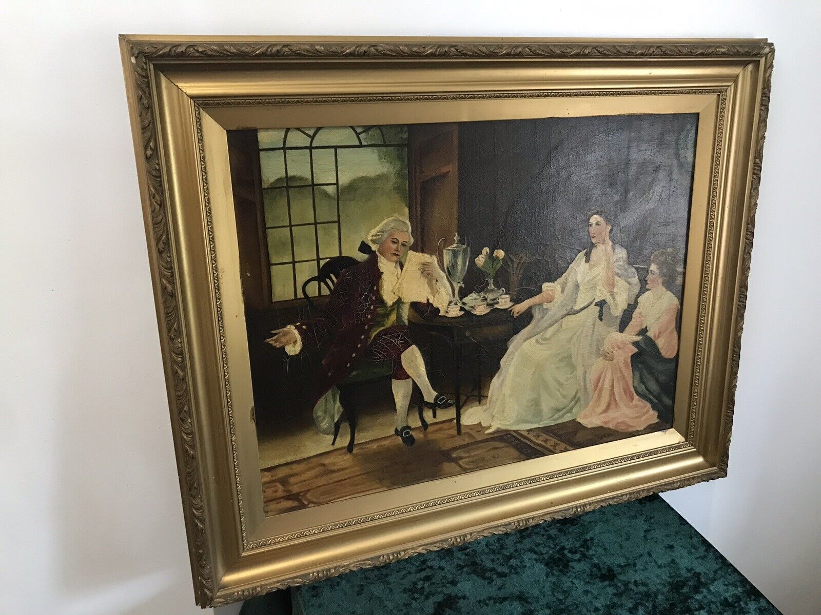 Antique French Oil Painting Figures In Chateau Interior True Conversation Piece photo for sale