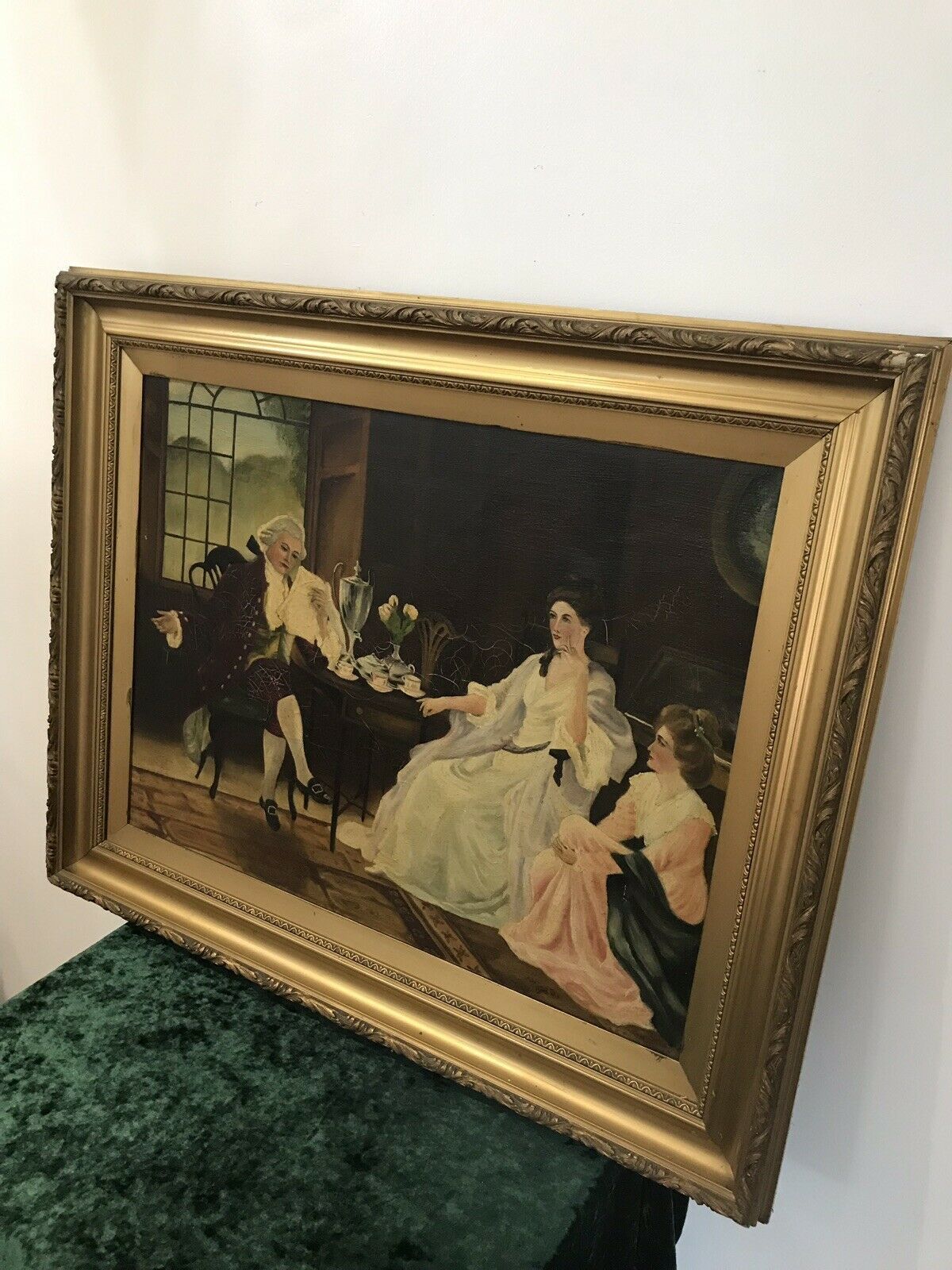 Antique French Oil Painting Figures In Chateau Interior True Conversation Piece photo Art